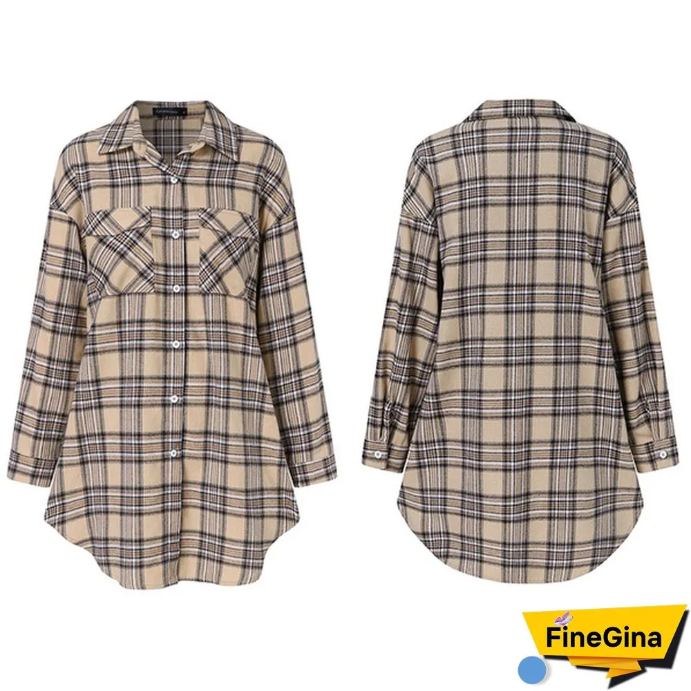 Plus Size Women Plaid Long Shirt Dress Lapel Collar Long Sleeve Pockets Casual Loose Mini Dress S-5XL
