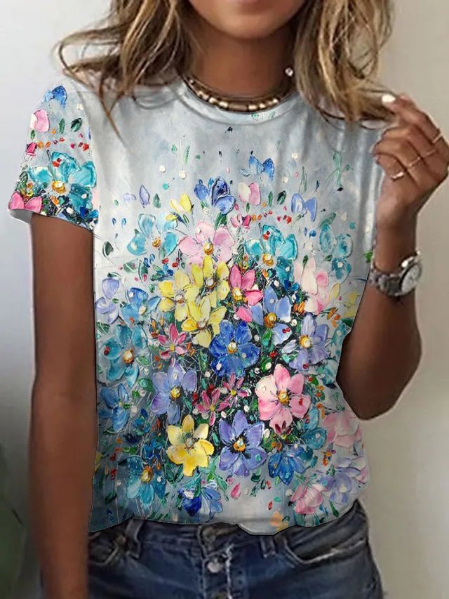 Floral Crew Neck Cotton Blends T-shirt A15- Fabulory