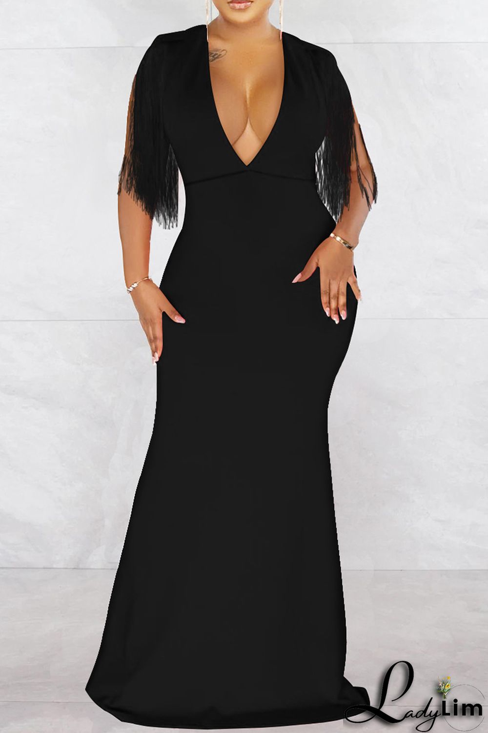 Red Fashion Sexy Solid Tassel Patchwork V Neck Long Dress