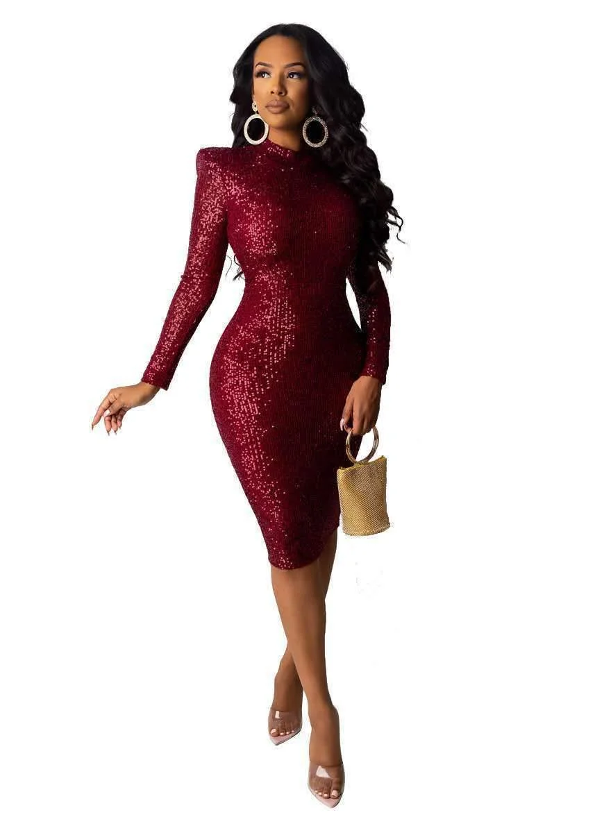 Women's Dresses Stretch Shiny Long Sleeve Slim Midi Bodycon Dress