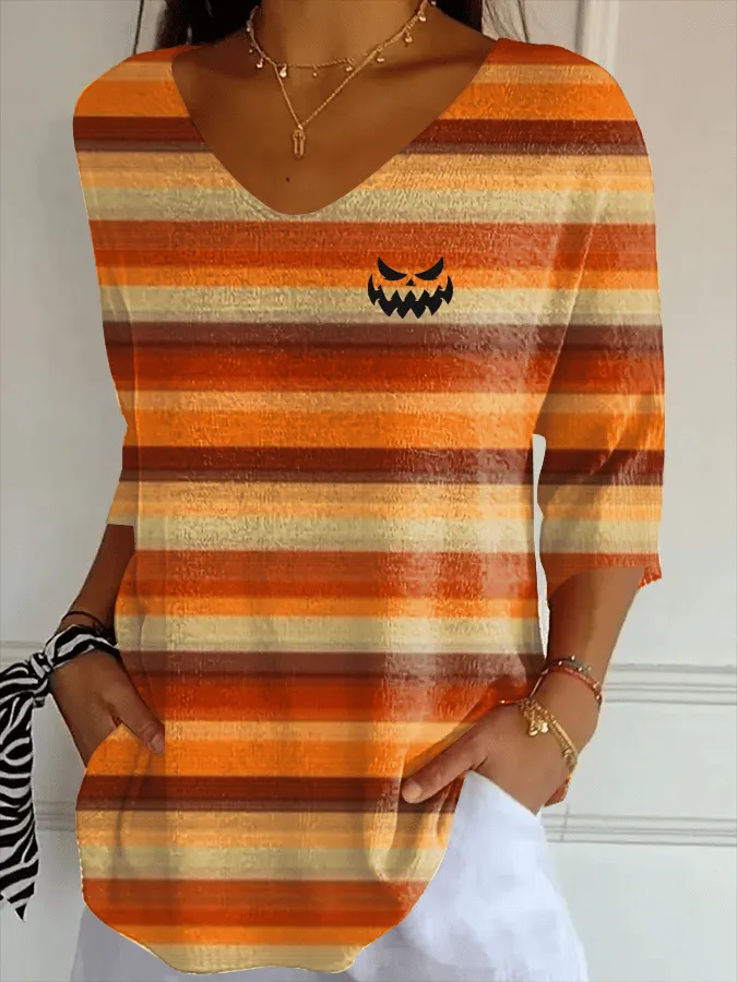 Women's Ghost Face Pumpkin Print Ribbed Fabric Casual V-Neck T-Shirt 