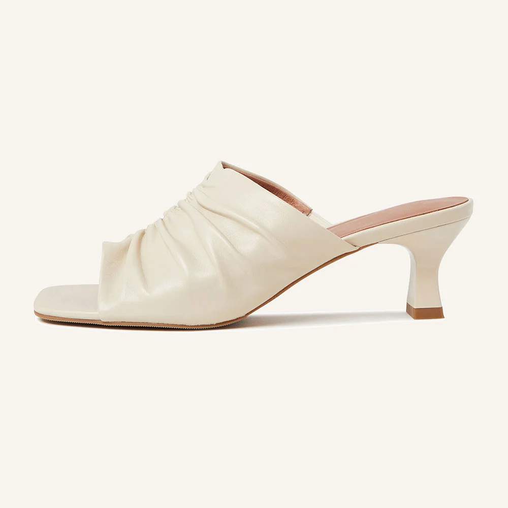 Elegant Ivory Open Square Toe Pleated Spool Heel Mules Sandals