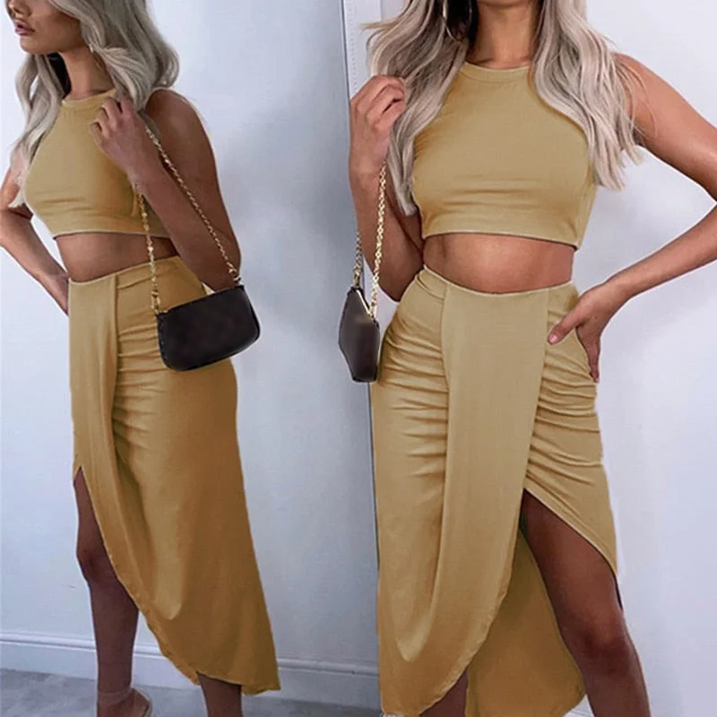 2021 Fashion Lady Skirt Suits Sexy Sleeveless Tops And Casual Drawstring Skirts Outfits Summer Women Two Piece Sets Streetwear