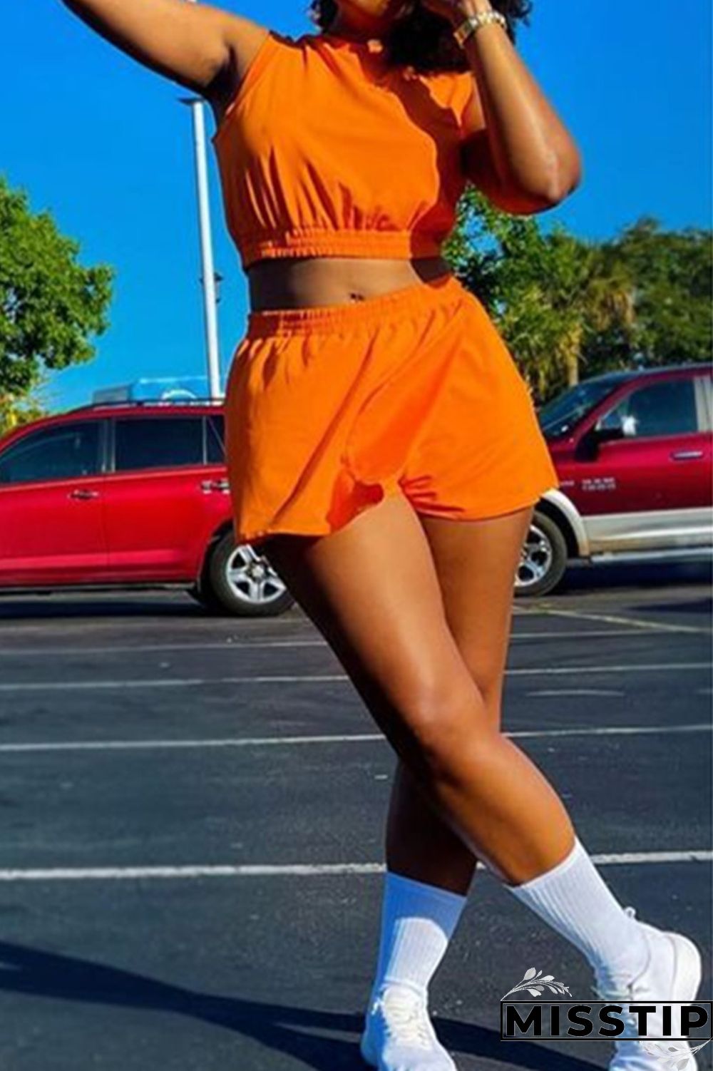 Orange Fashion Casual Solid Basic O Neck Sleeveless Two Pieces
