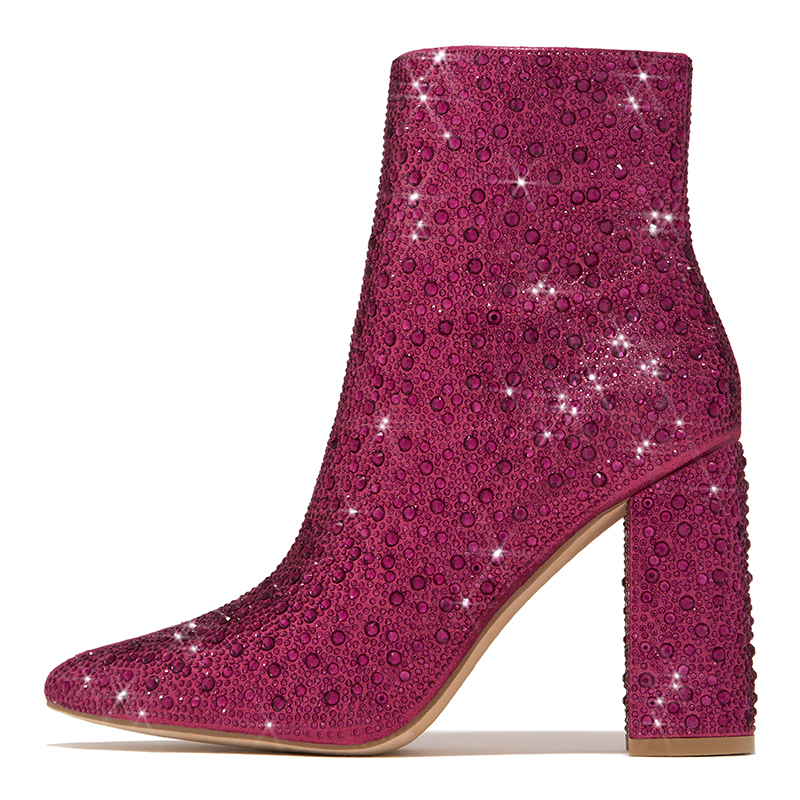 Chic Fuchsia Block Heel Side Zipper Rhinestone Ankle Boots for Women Nicepairs