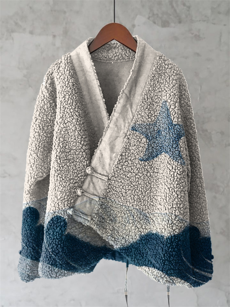 Comstylish Vintage Wave And Starfish Art Print Kimono Cardigan
