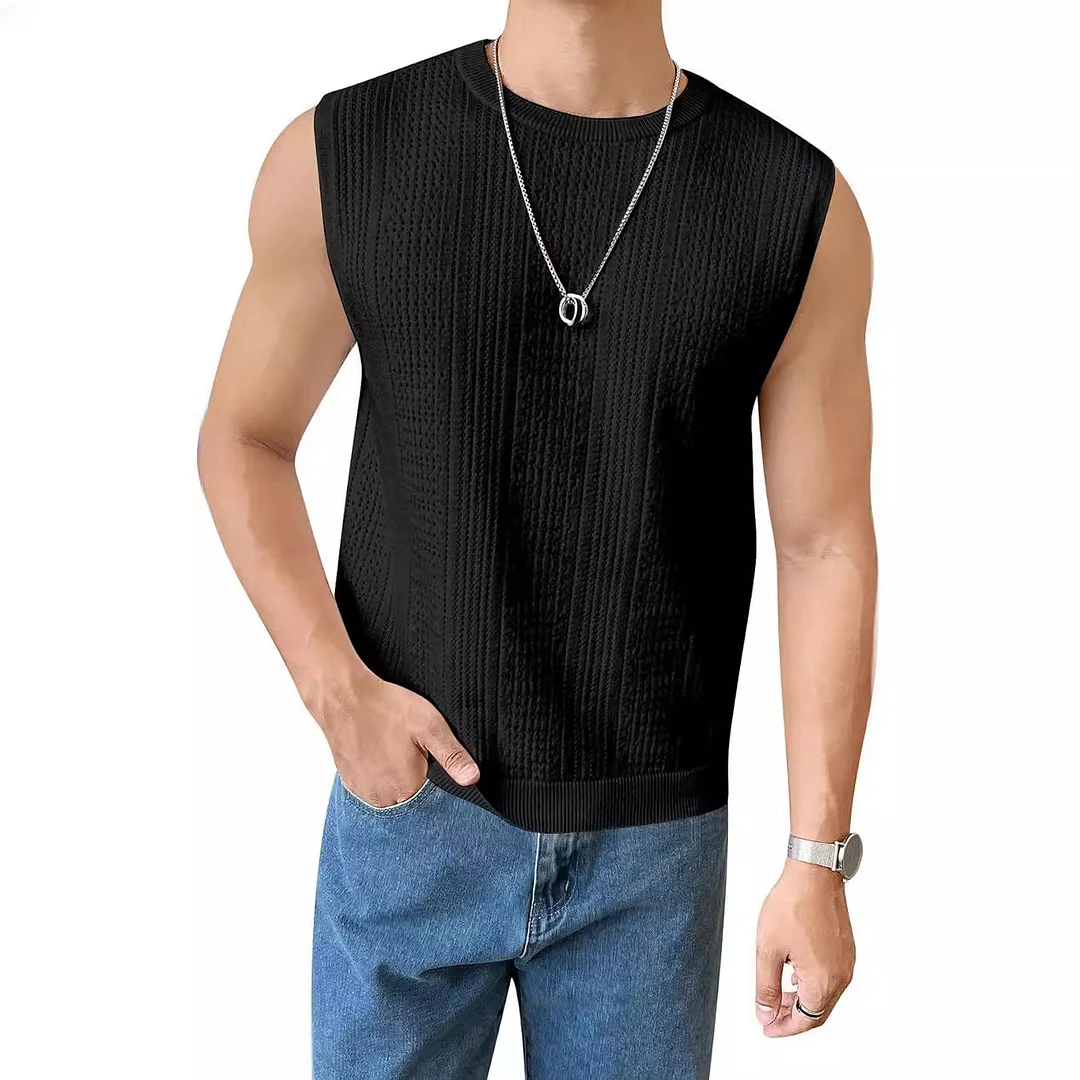 Wongn Wongn Men's New Solid Color Sweater Fashion Men's Sleeveless Jacket Hollow Out Breathable Round Collar Recreational Vest