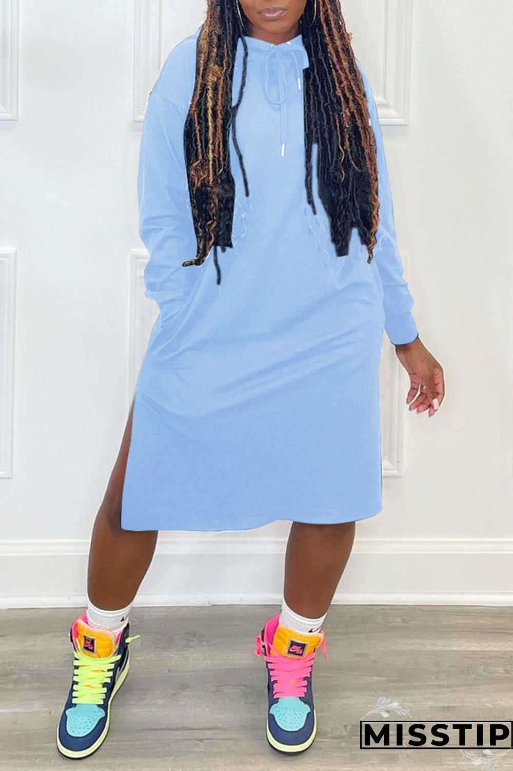 White Casual Solid Patchwork Slit Hooded Collar Straight Dresses