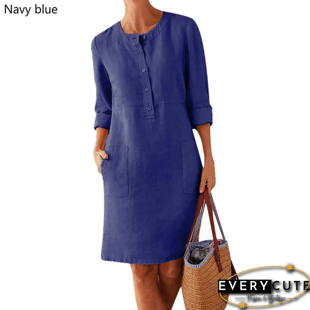 Women Casual Round Neck Dress Cotton And Linen Loose Botton Plus Size Long Sleeve Midi Dress