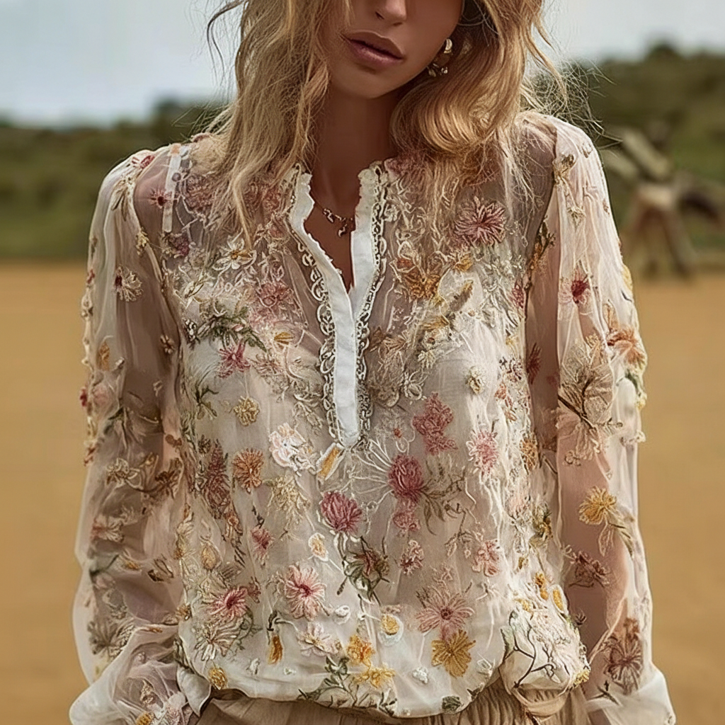 Linen Bohemian Embroidered Top Women's Loose Long Sleeve Peasant Blouse Ethnic Vintage Style Summer Casual Shirt - Helixace