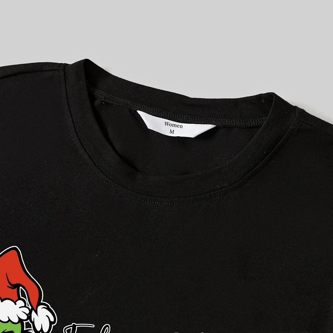 Christmas Cartoon Pattern and Light Print Black Long Sleeve Top with Green and Black Plaid Family Matching Pajamas