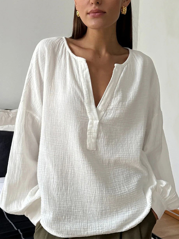 V Neck Balloon Long Sleeve Solid Color Top