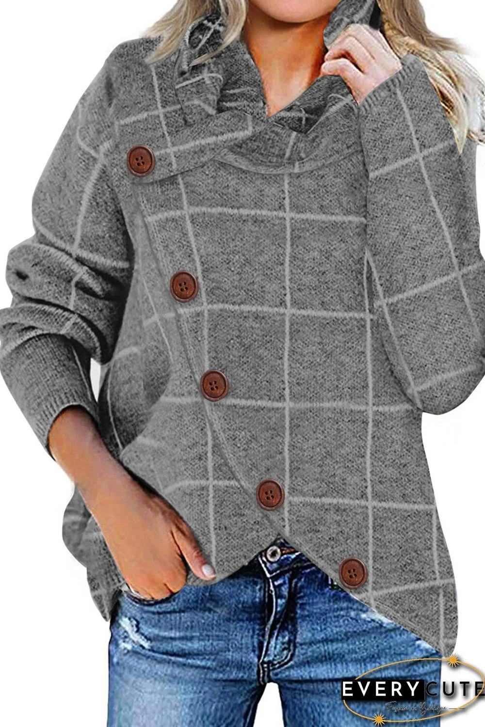 Gray Button Wrap Turtleneck Pullover Plaid Print Knit Sweater