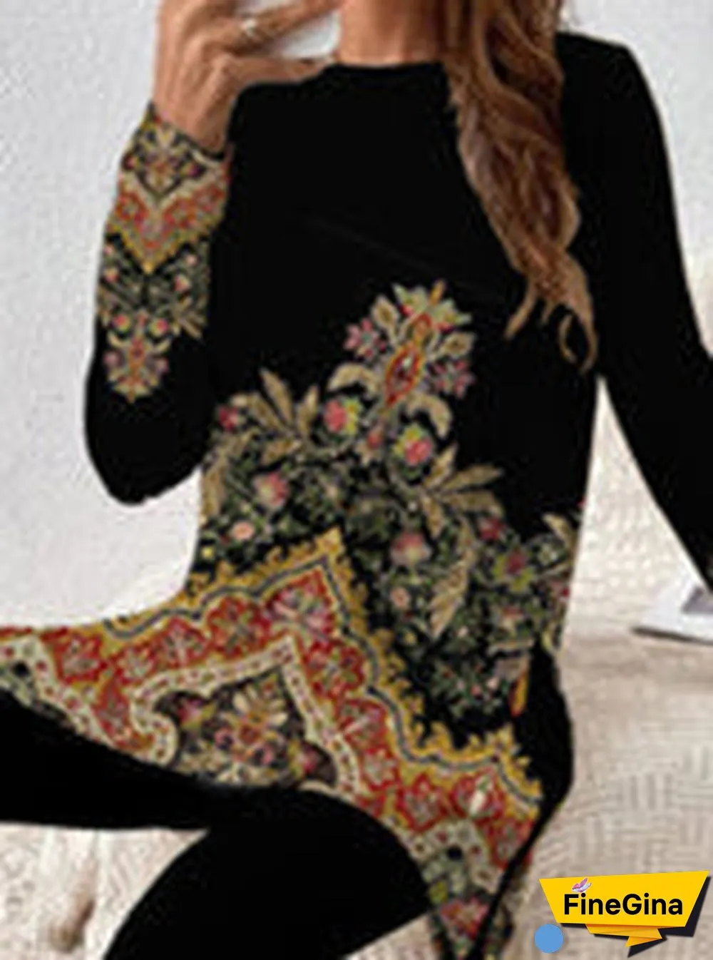 Women Casual Long Sleeve Round Neck Graphic Two-Piece Set