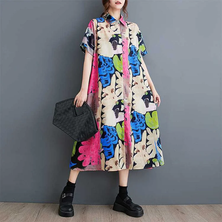 Vintage Printed Short Sleeve Lapel Dress