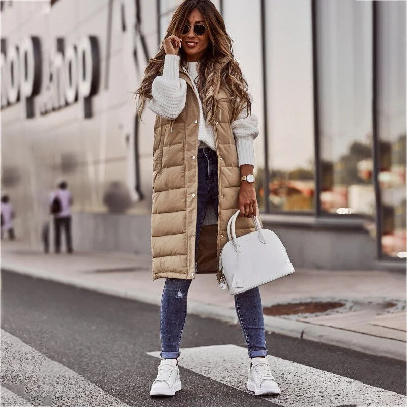 Umeko 2021 Winter Women Long Vests Fashion Hooded Sleeveless Casual Lady Brief Outwear Vest Blouse Shirts Coat Femme Sweatshirt