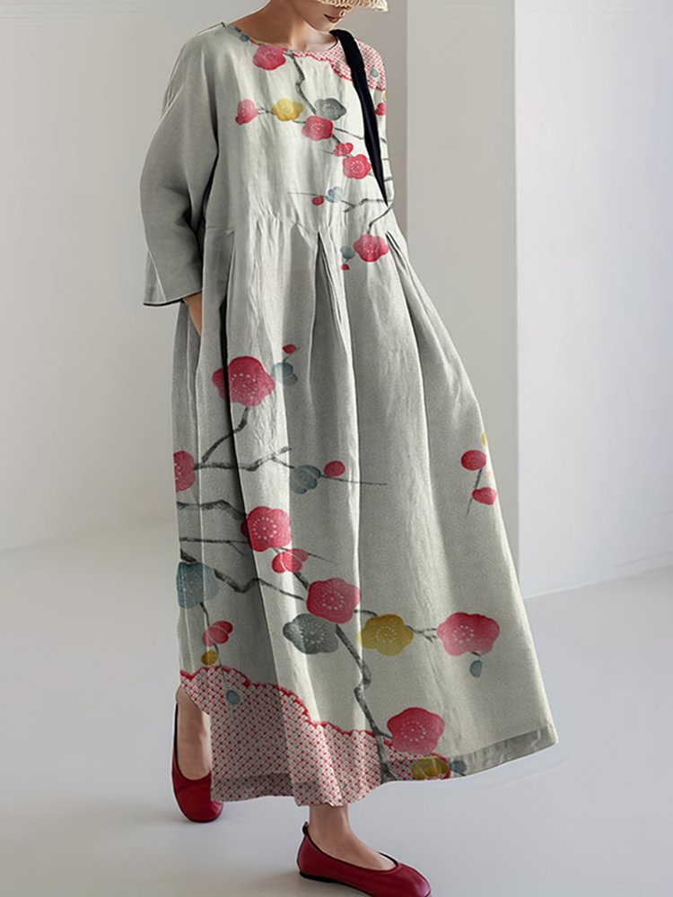 Comstylish Women Japanese Art Flower Linen Blend Maxi Dress