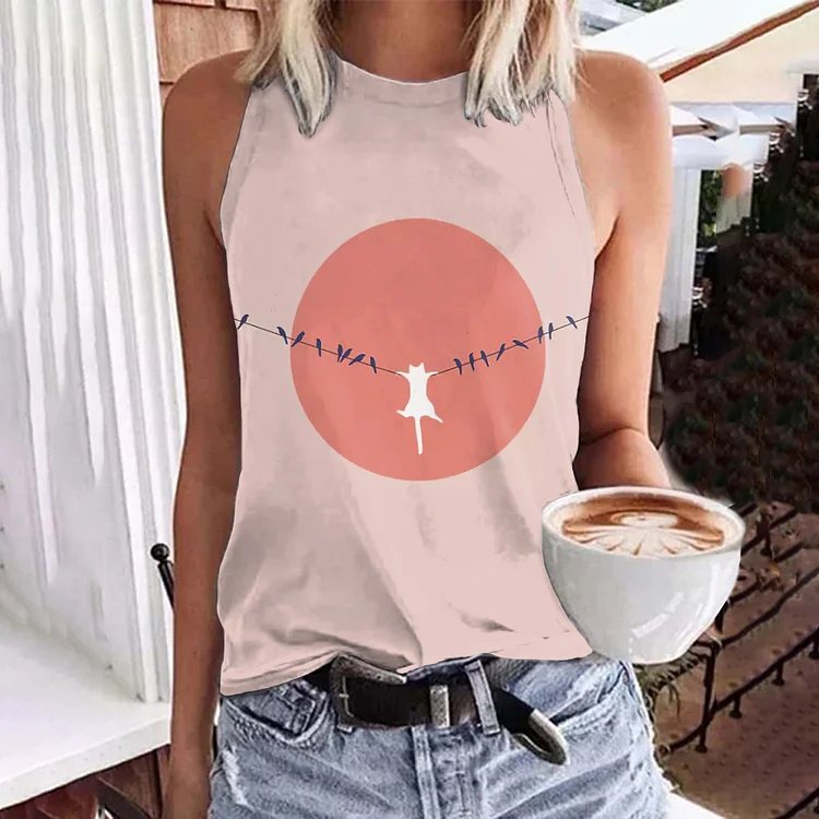 Abstract Creative Dangling Cute Cat Painting Art Print Tank Top
