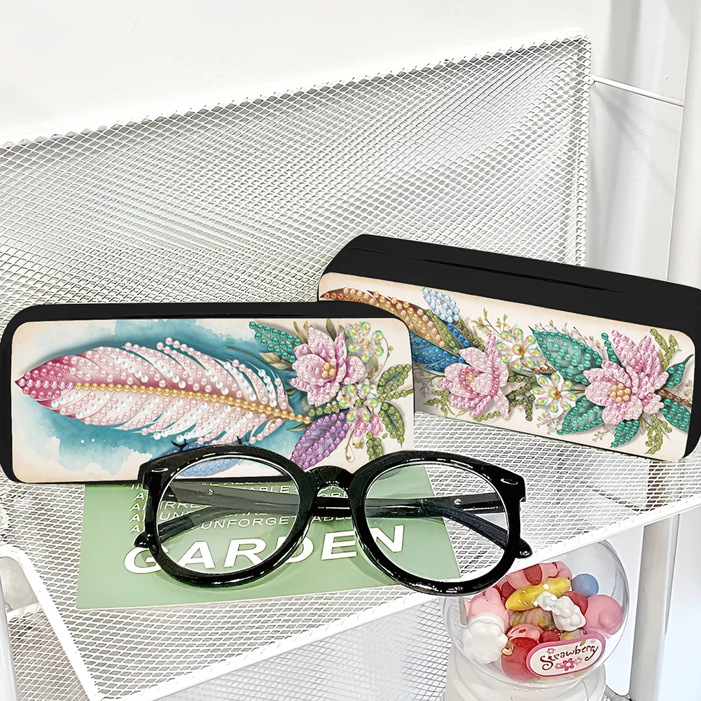2Pcs 5D DIY Feather Diamond Painting Glasses Case Kit Diamond Art Glasses Case