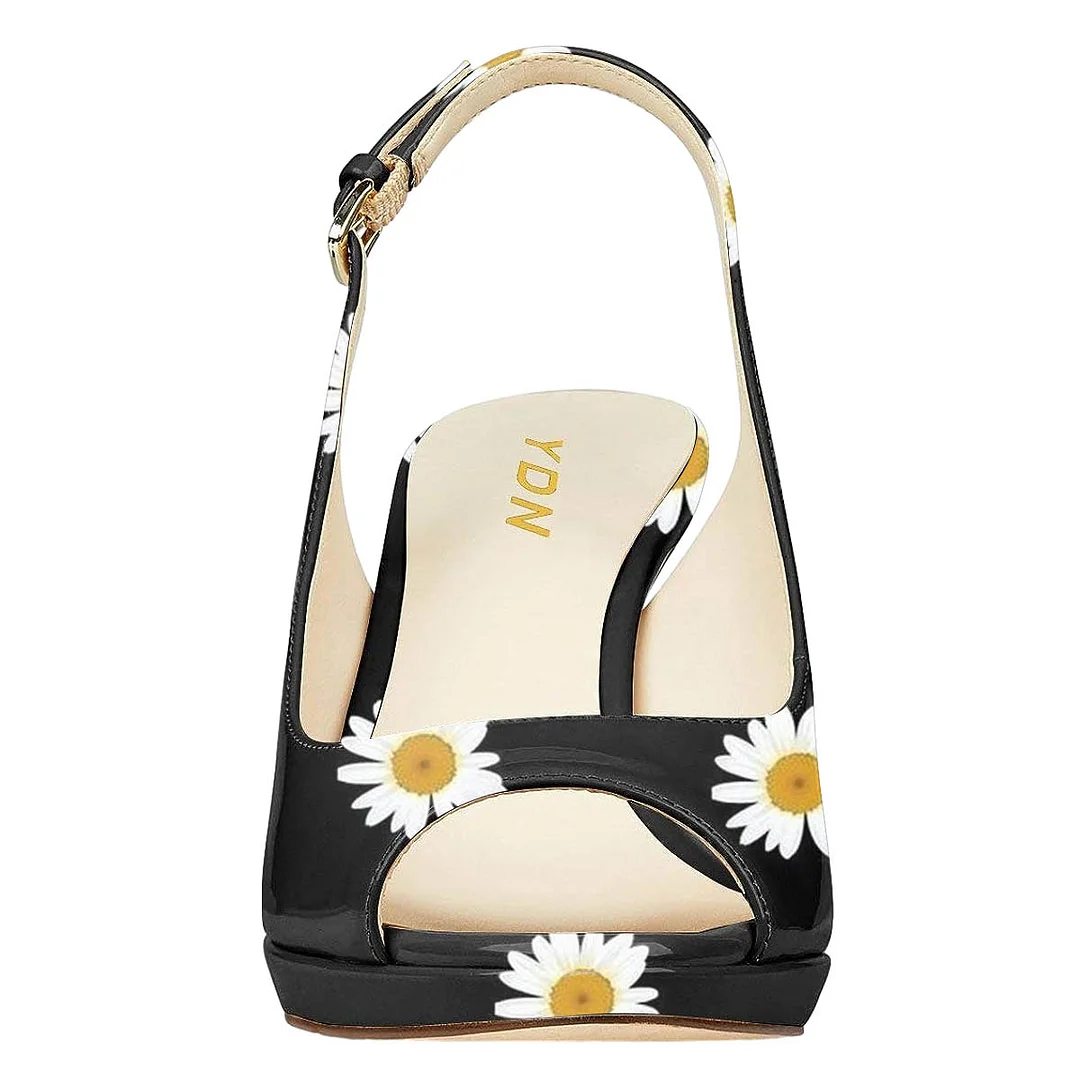 Fashionable Black Patent Leather Ivory Floral Inlay Slingback Sandals