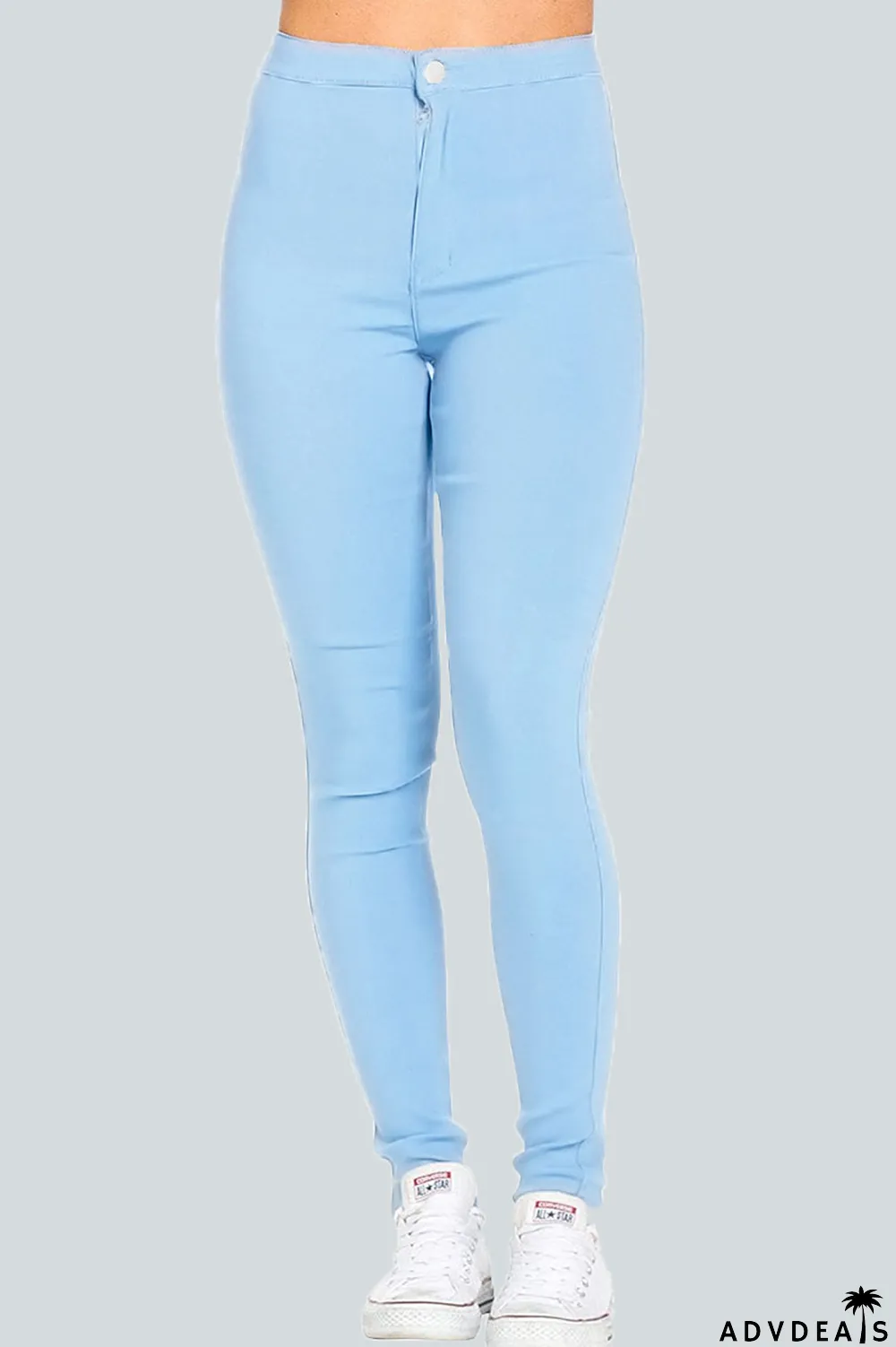 Light Blue Street Solid Buttons High Waist Regular Denim