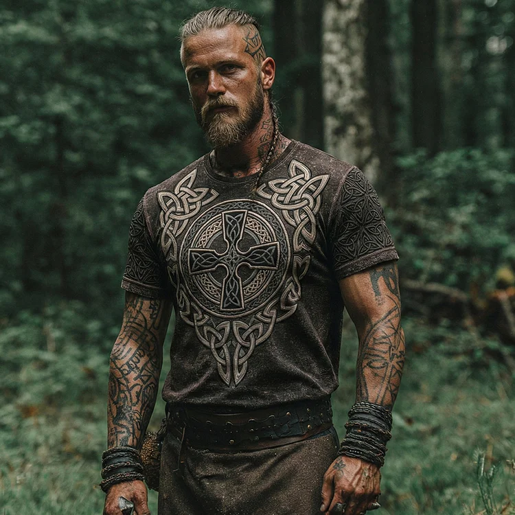 Men's Viking Tribal Jacquard Celtic Knot Inspired Art Print Short-sleeve T-shirt