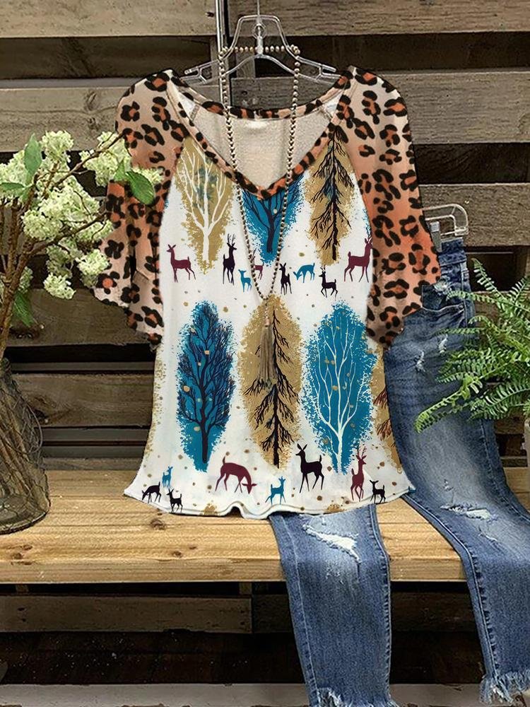 Women's Christmas Theme Deer Leopard Print V Neck Ruffle Sleeve Casual Tops