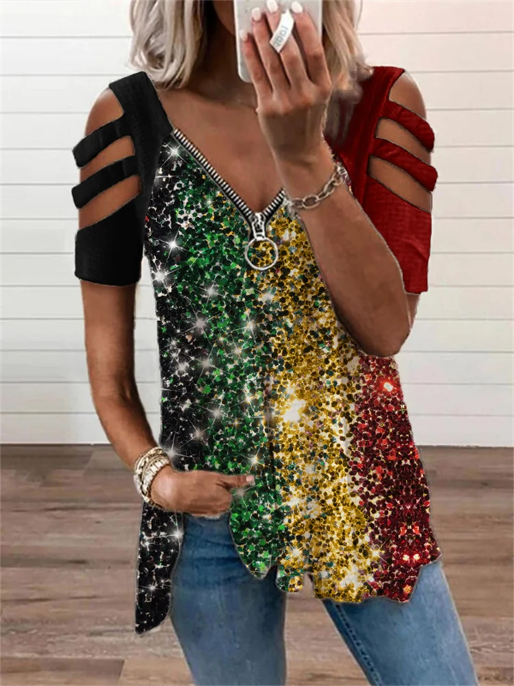 Black Pride Glitter Hollow Shoulder T Shirt