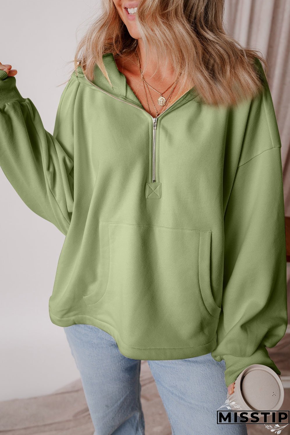 Pocketed Half Zip Dropped Shoulder Hoodie