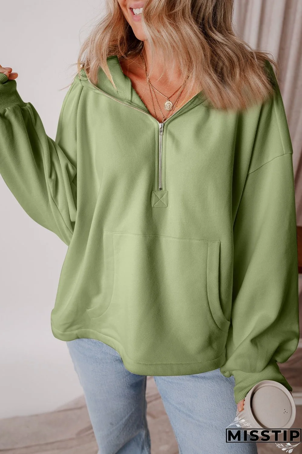 Pocketed Half Zip Dropped Shoulder Hoodie