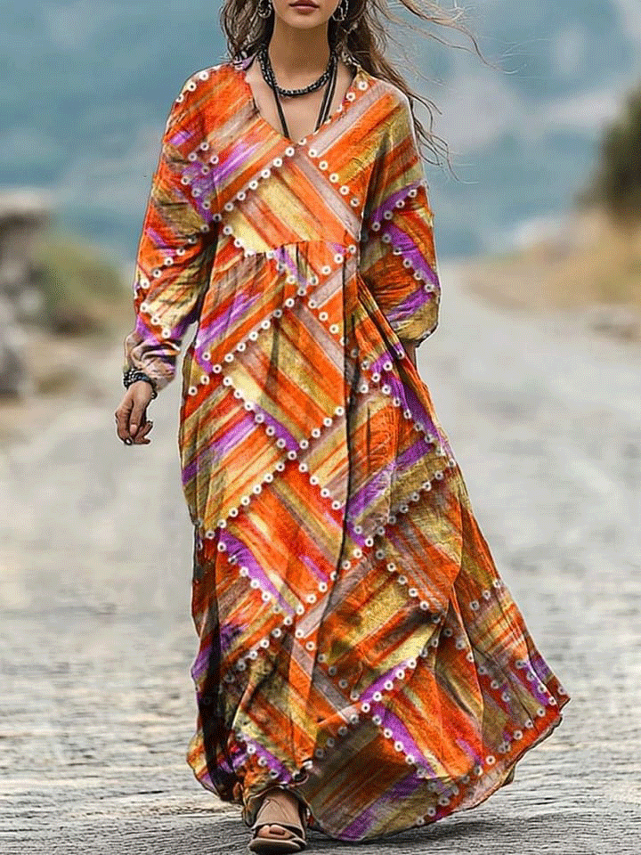 Women's Retro  Geometric  Art Print Pocket Cotton Dress