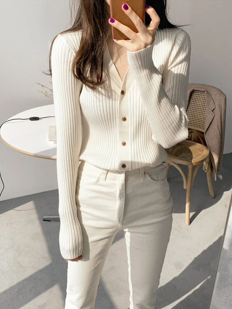 Spring Summer Korean Style Knitted Sweaters Women Buttons Cardigan Slim Ladies Fashion Long Sleeve Top
