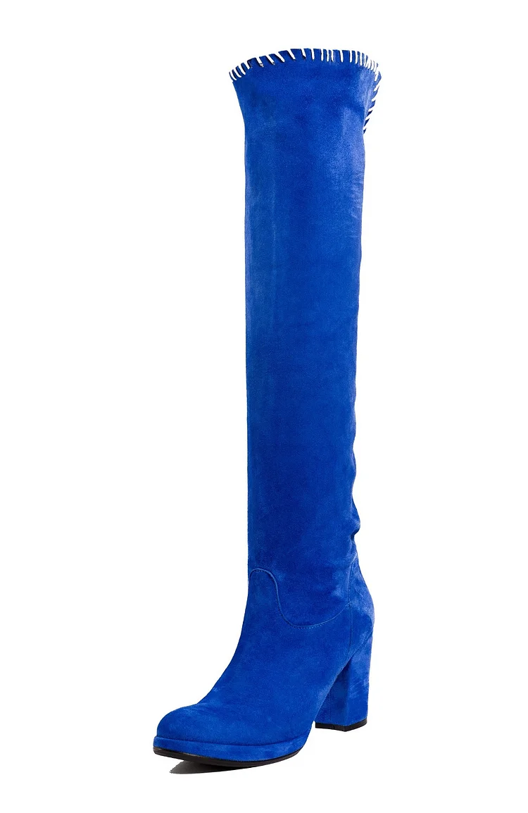 Royal Blue Knee-high Block Heel Suede Long Boots Vdcoo