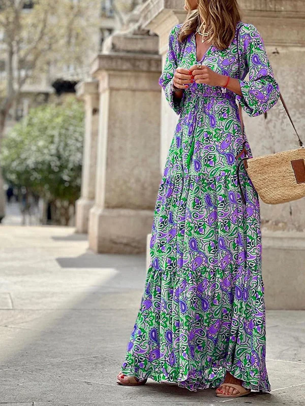 Women's Long Sleeve V-neck Floral Printed Maxi Dress