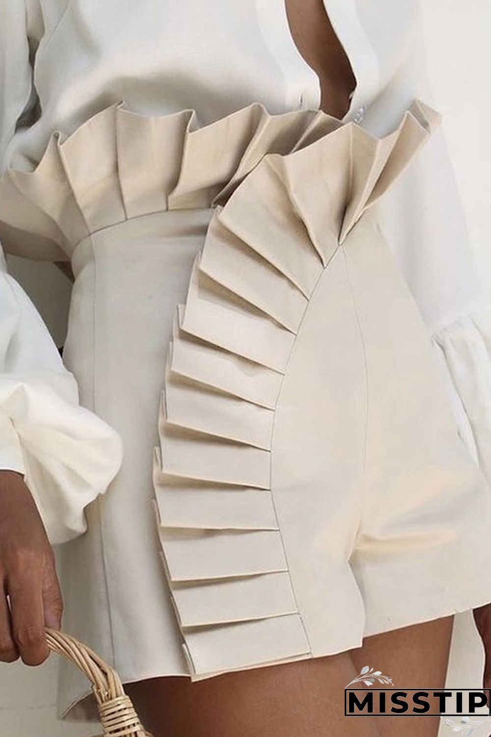 Cream White Casual Solid Patchwork Regular High Waist Conventional Patchwork Bottoms