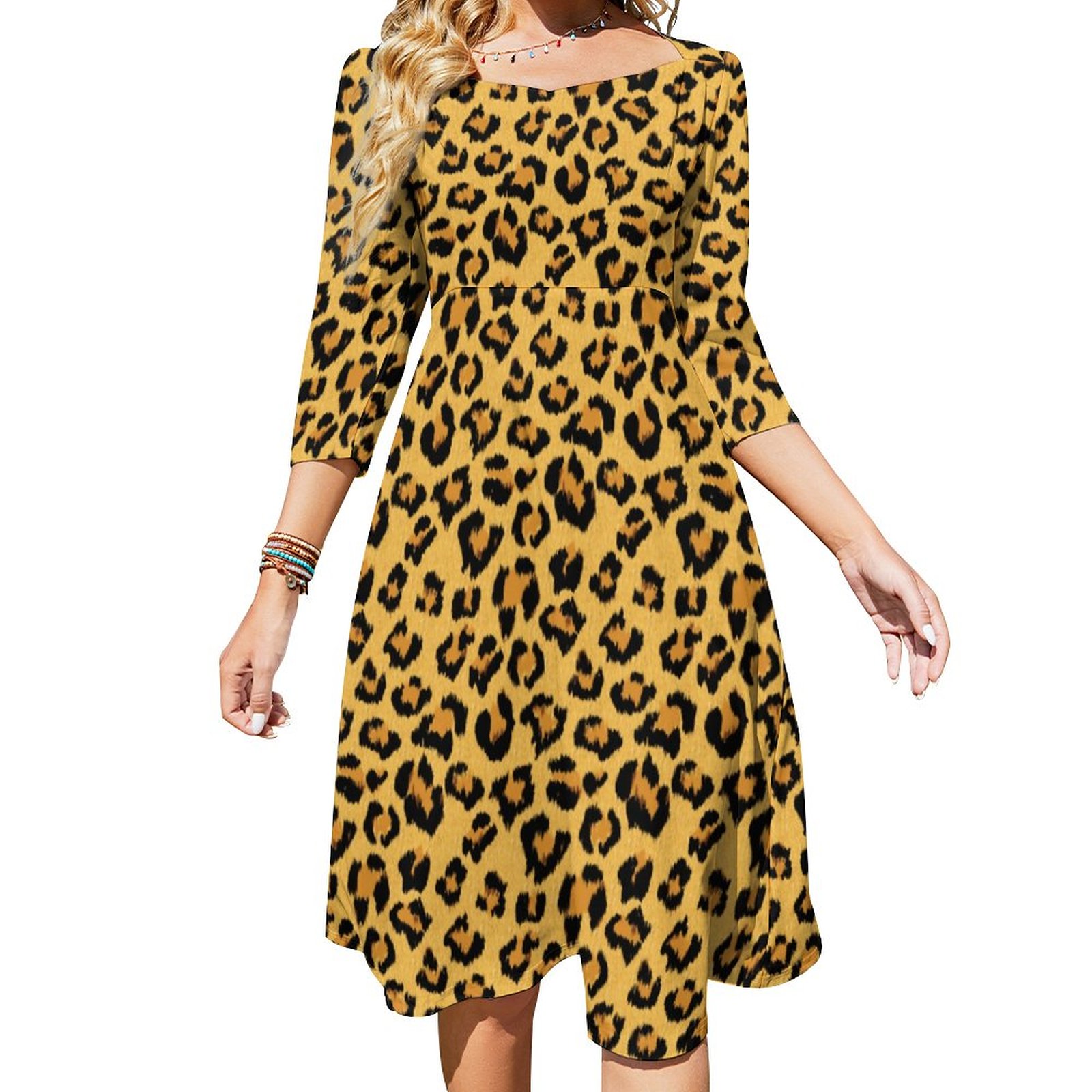 Leopard Print Faux Fur Wild Style Safari Pattern L Dress Sweetheart Tie Back Flared 3/4 Sleeve Midi Dresses
