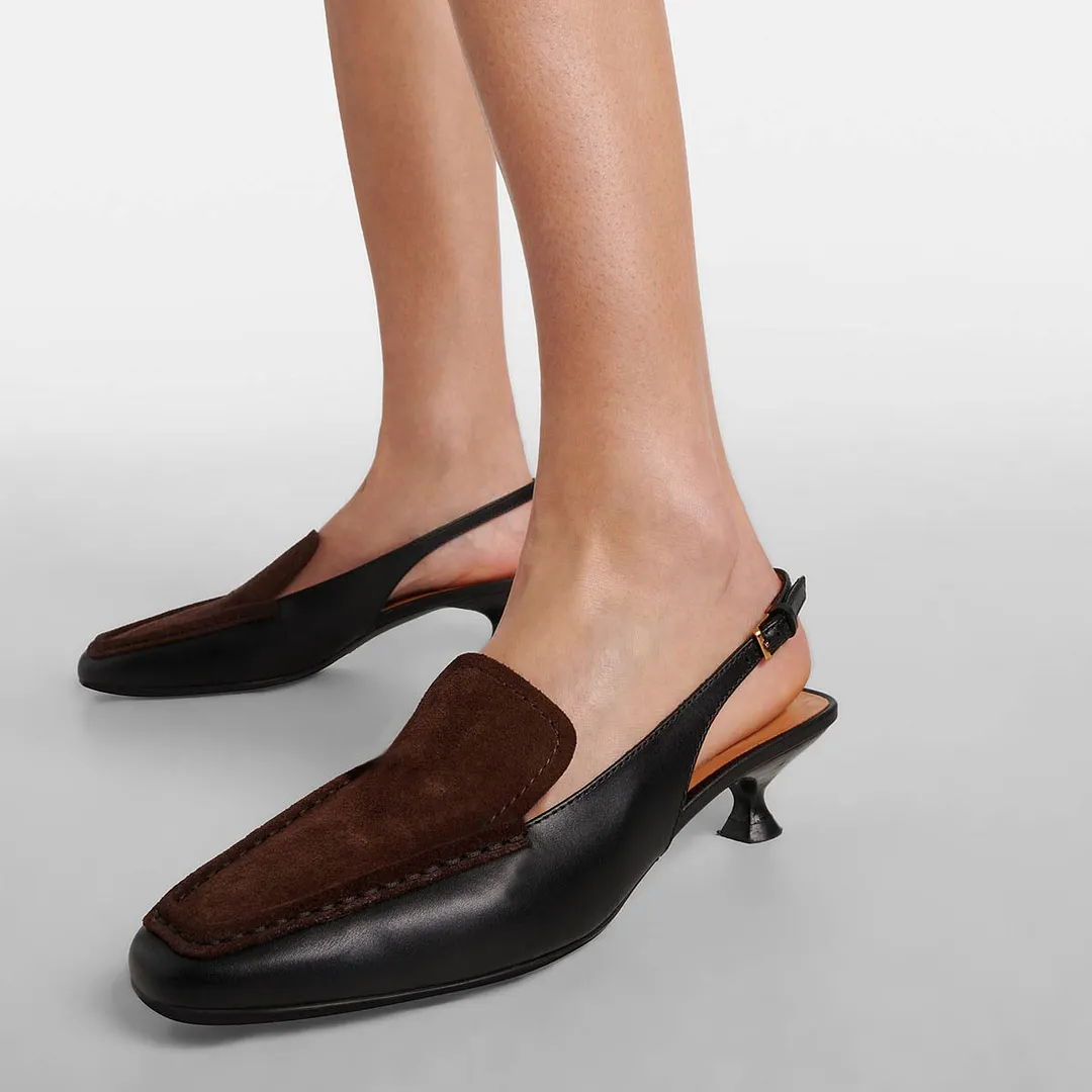 Black and Brown Patchwork Square Toe Loafer Slingback Pumps