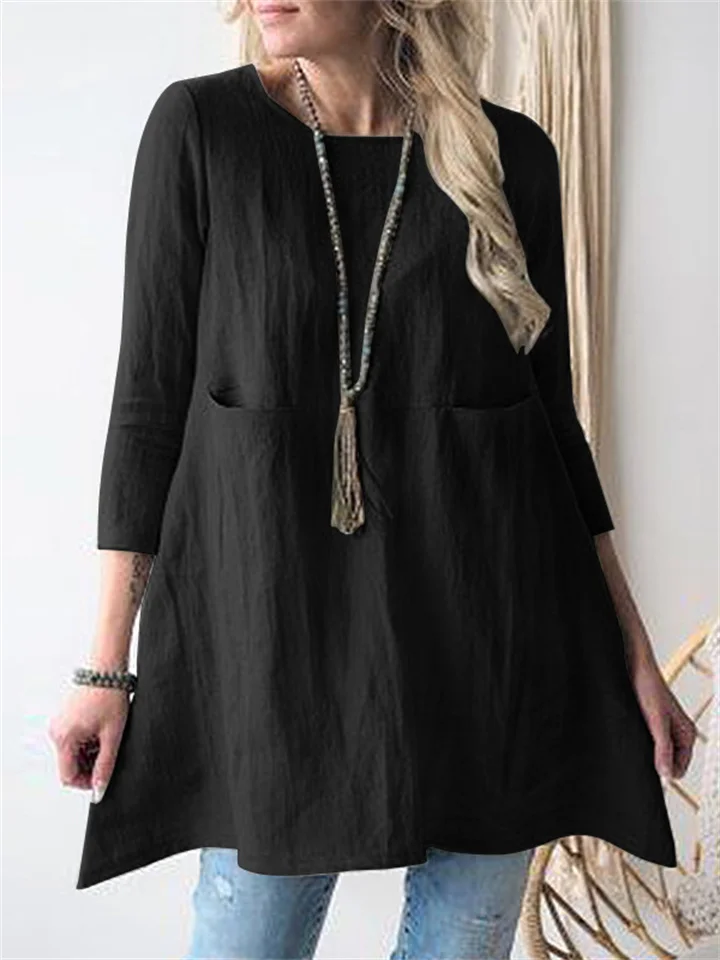 New Solid Color Loose Waist Round Neck Seven-quarter Sleeve Cotton and Linen Women's Casual and Comfortable Dresses