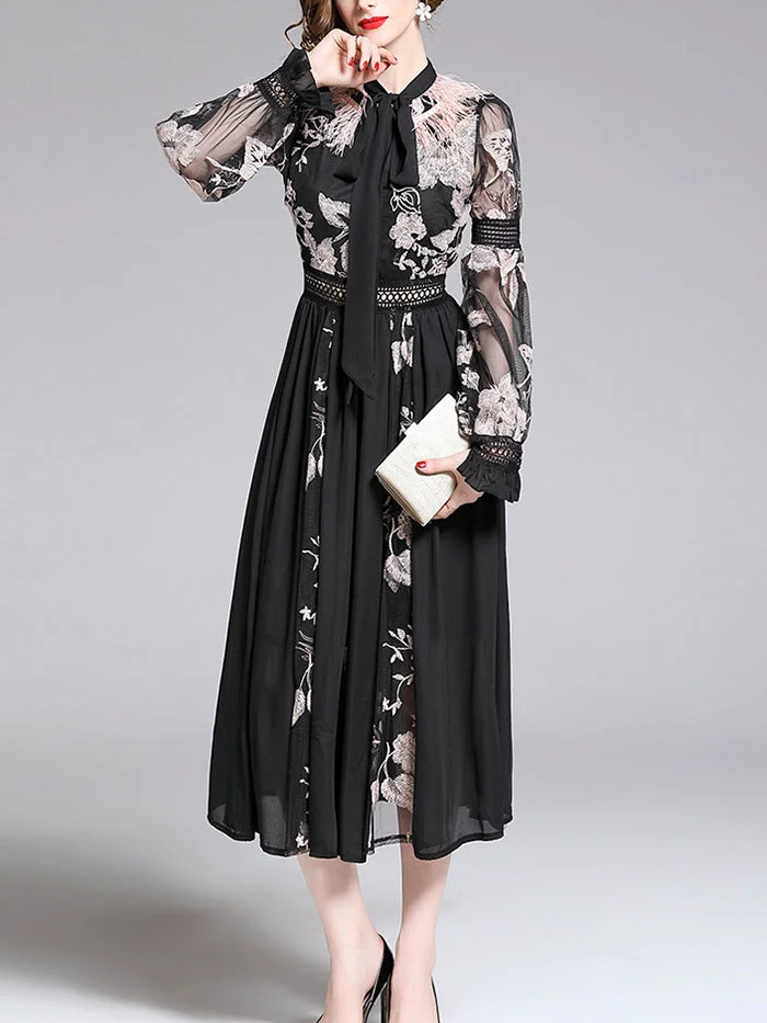 Backless Lace-up Ostrich Hair Lantern Sleeve Embroidered Dress