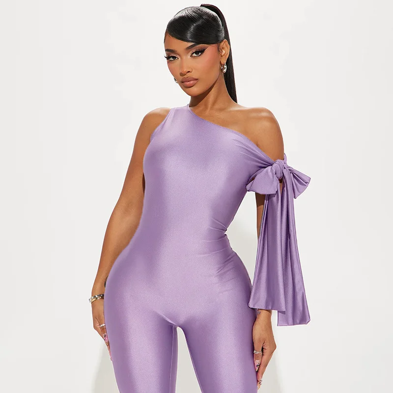 Uveng Uveng Women's Summer New One-Shoulder Sexy Kinestic Asymmetrical Tight Jumpsuit
