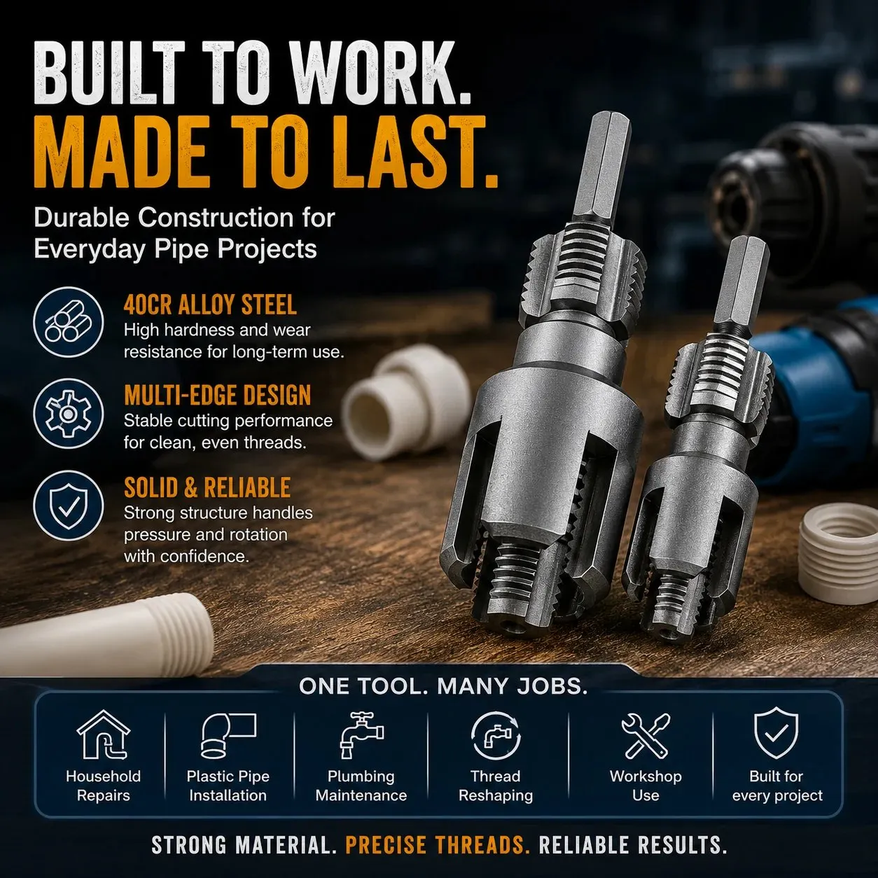 Integrated pipe thread cutting tool bit full profile view