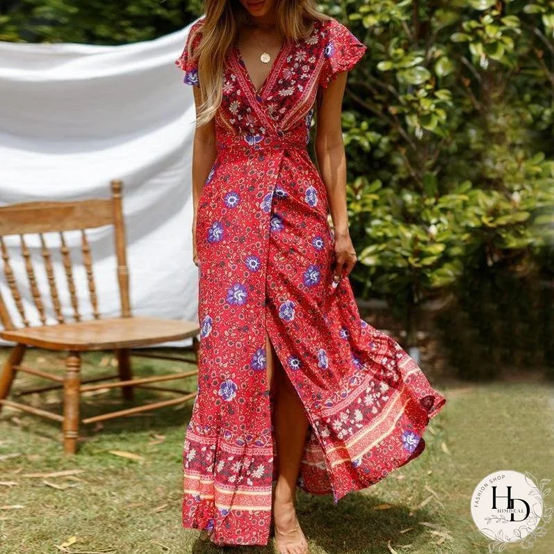 Bohemian Wind Skirt Sexy Split Skirt Wooden Ear V Collar Fashion Dress