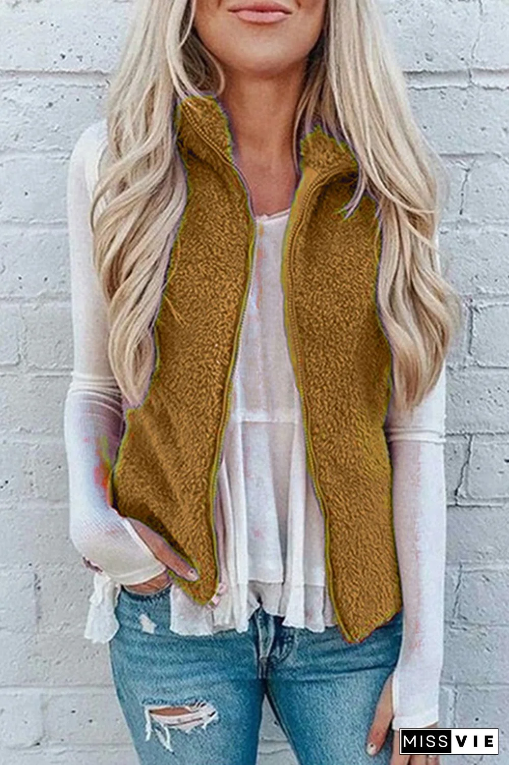 Fashion Solid Pocket Zipper Mandarin Collar Tops