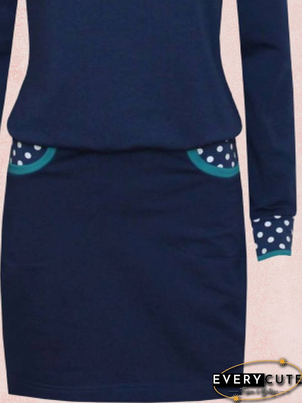 Deep Blue Long Sleeve Polka Dots Turtleneck Knitting Dress