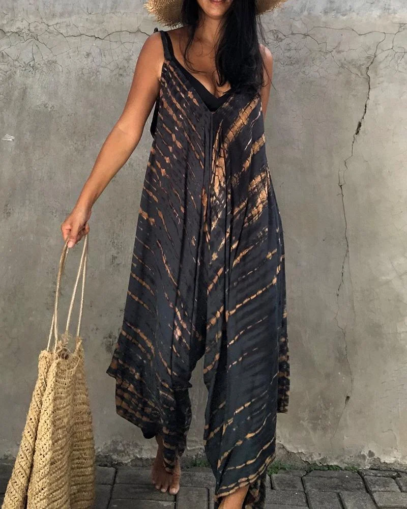 Tie-Dye Print Irregular Hem Design Casual Jumpsuit P15985