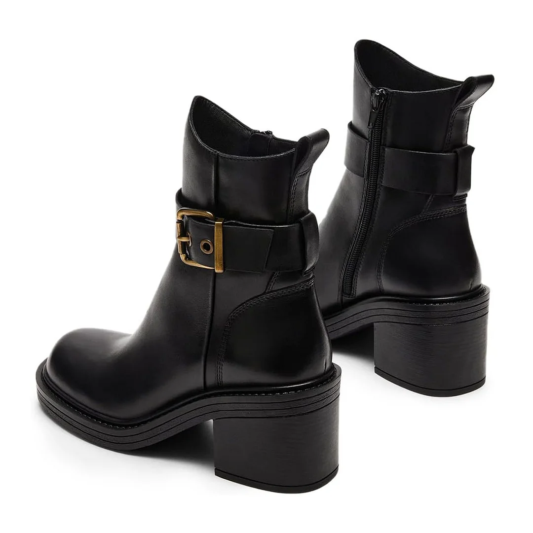 Vegan Leather Round Toe Buckle Inlay Block Heel Ankle Boots in Black