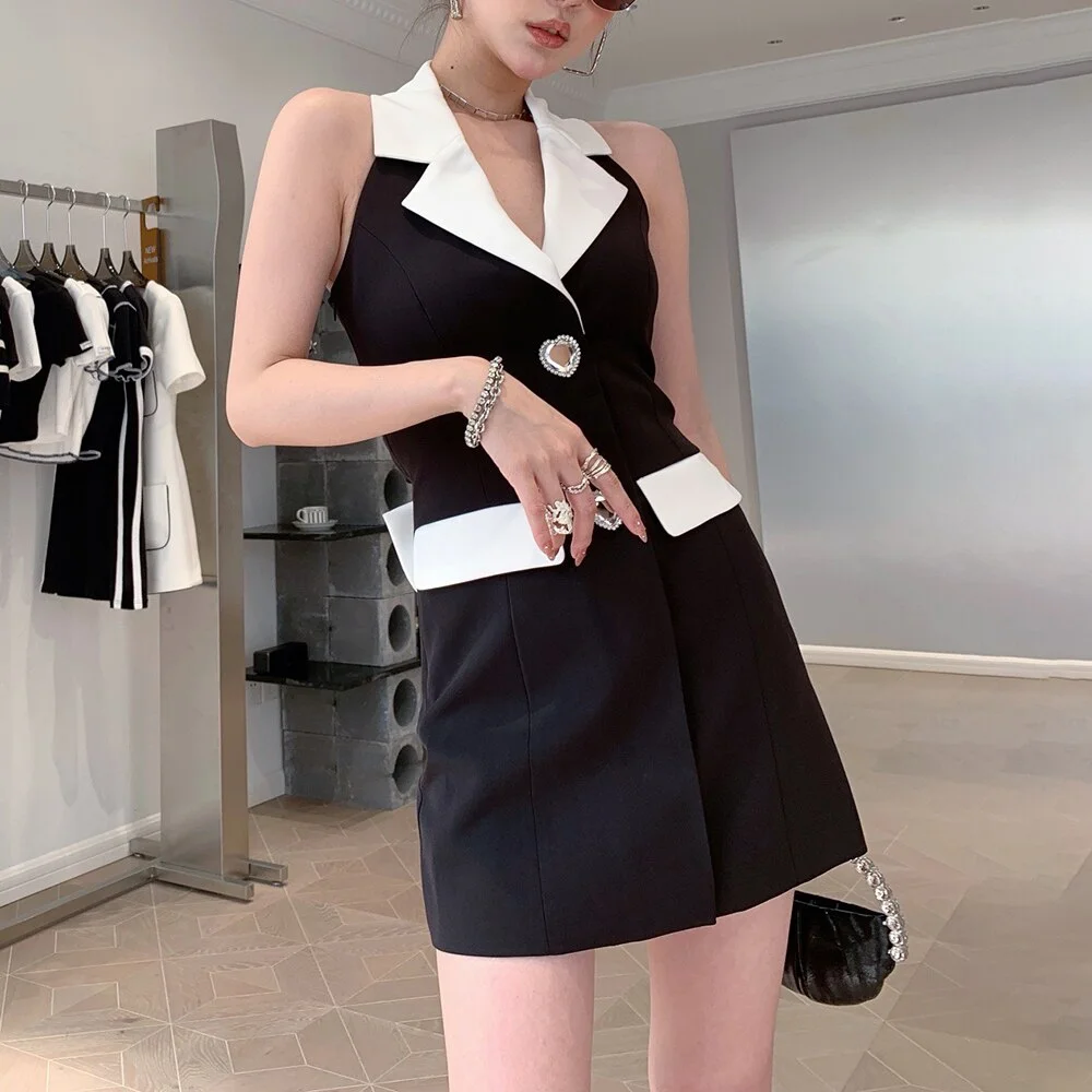 Toloer TWOTWINSTYLE Elegant Dress For Women Notched Collar Sleeveless High Waist Patchwork Colorblock Mini Dresses Female Clothing 2022