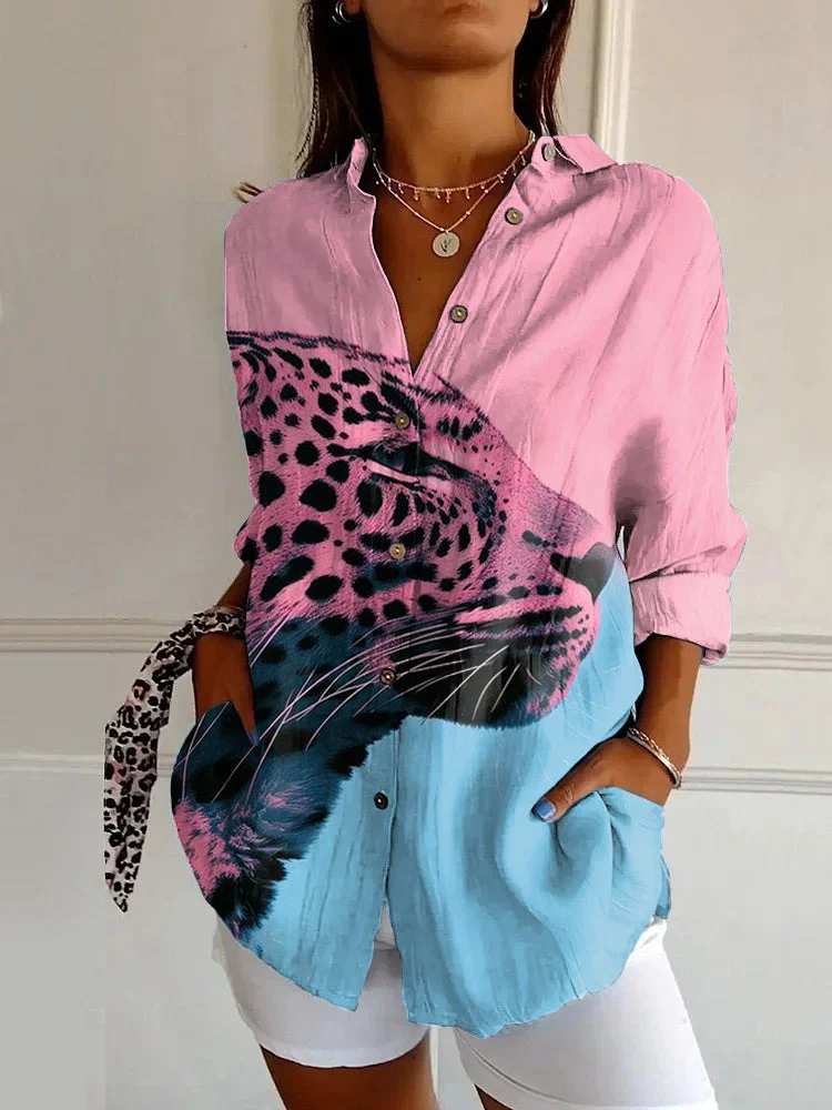 Vintage Leopard Print Casual Long Sleeve Shirt