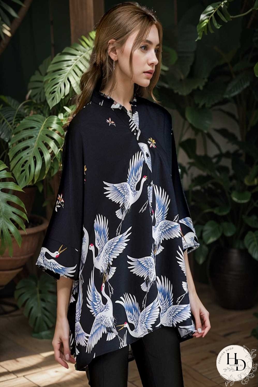 size curve blouses crane print loose oversized blouse