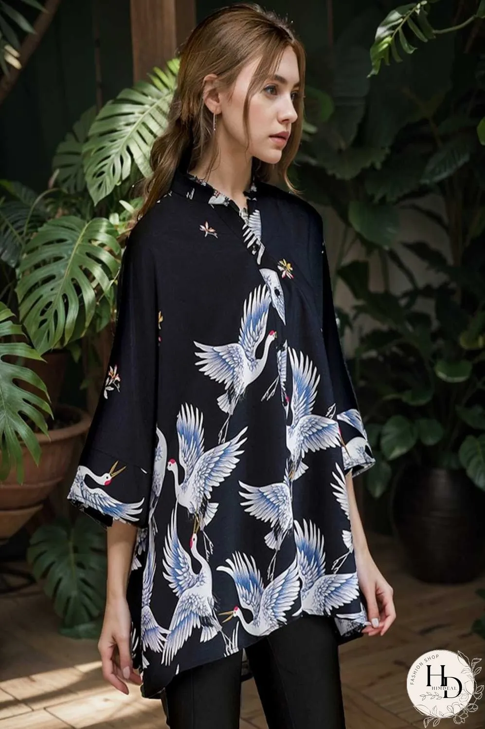 size curve blouses crane print loose oversized blouse